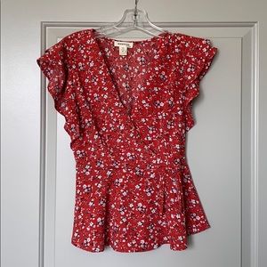 Red Flower Mock Tie Waist Blouse
